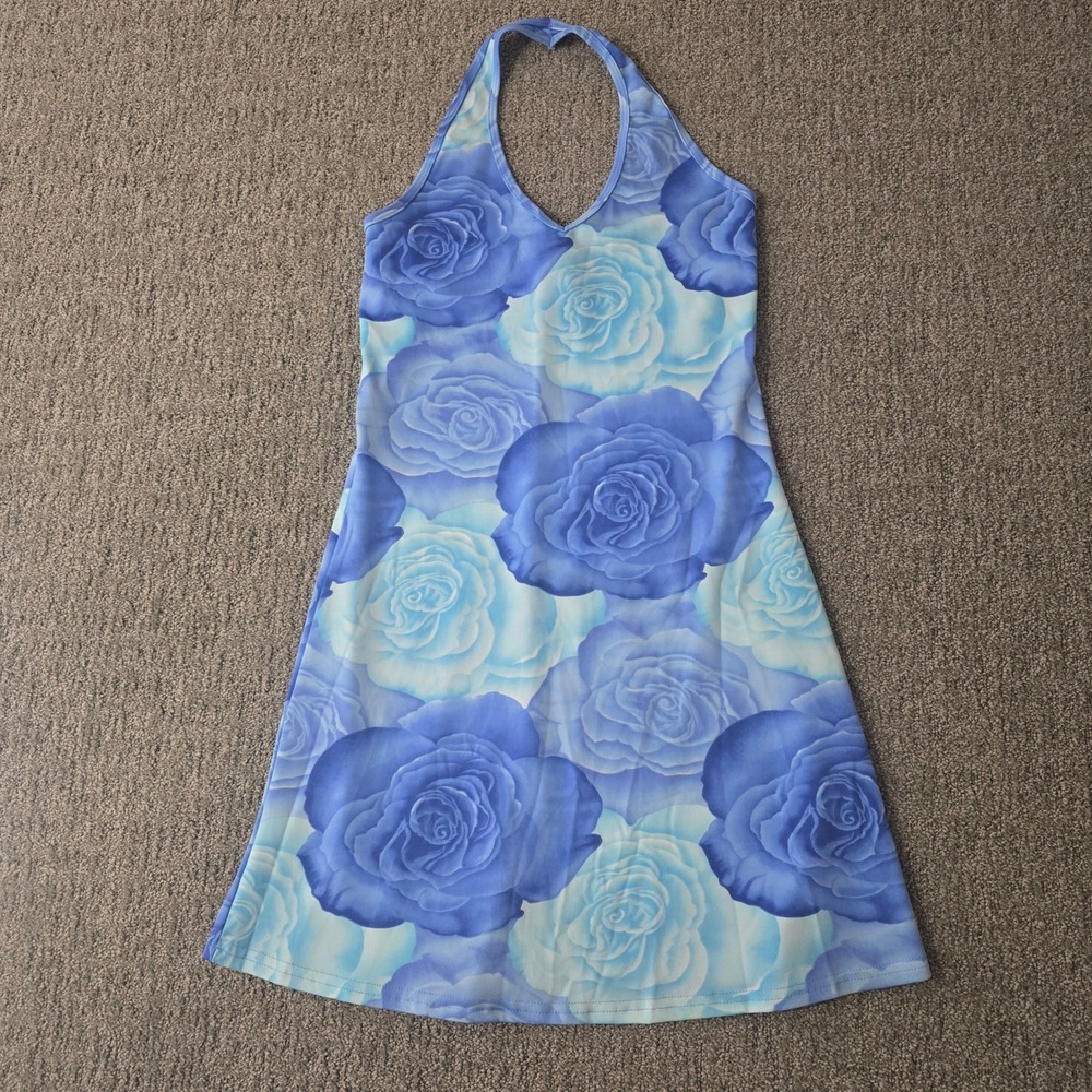 Vintage Y2K Beware Floral Blue Mini Dress Halter‎ Coquette Size M